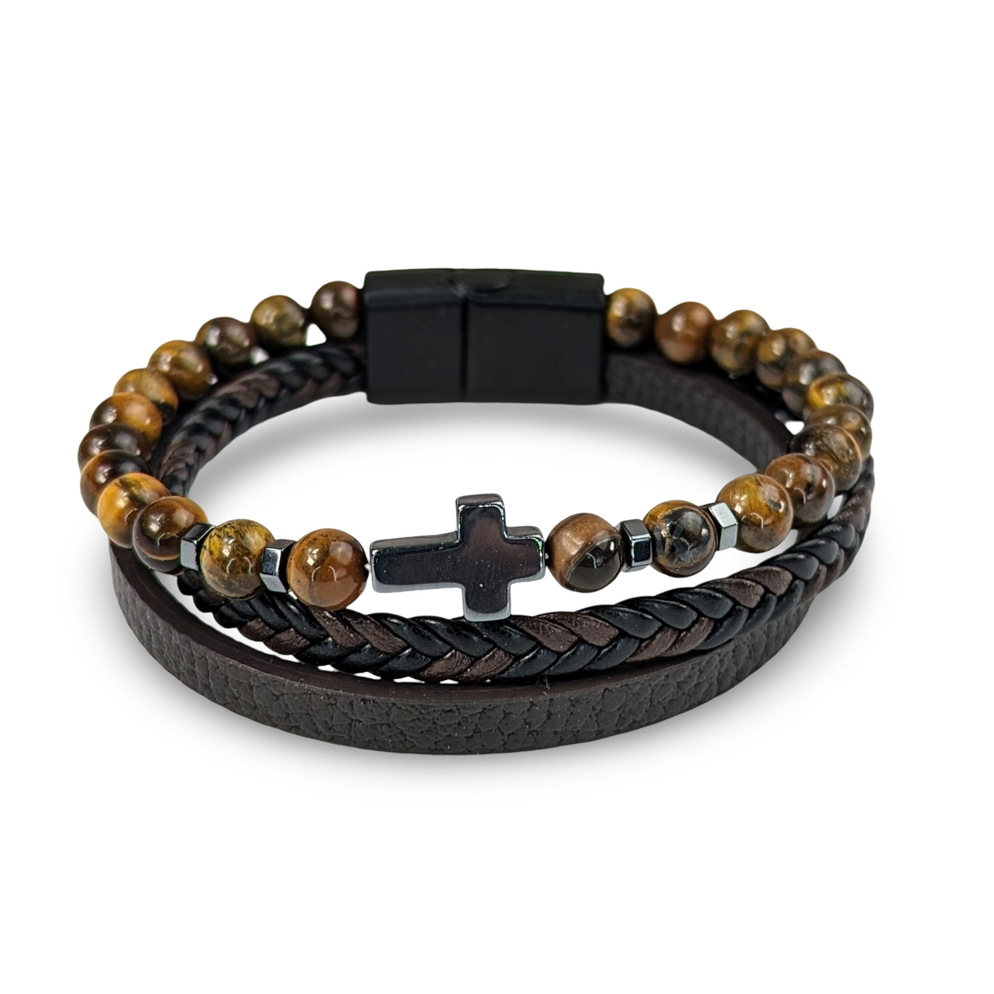 Natural Stone Tiger's Eye Multi Layer Bracelet With Hematite Cross