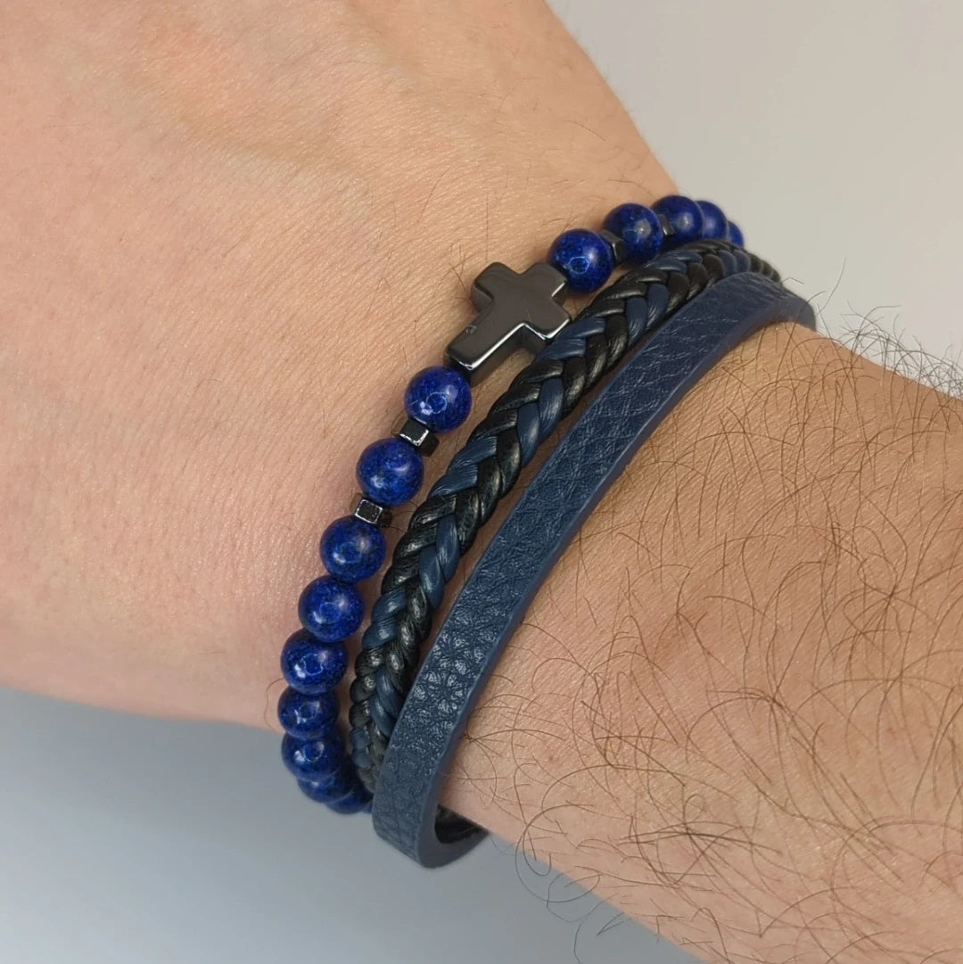 Natural Stone Lapis lazuli Multi Layer Bracelet With Hematite Cross
