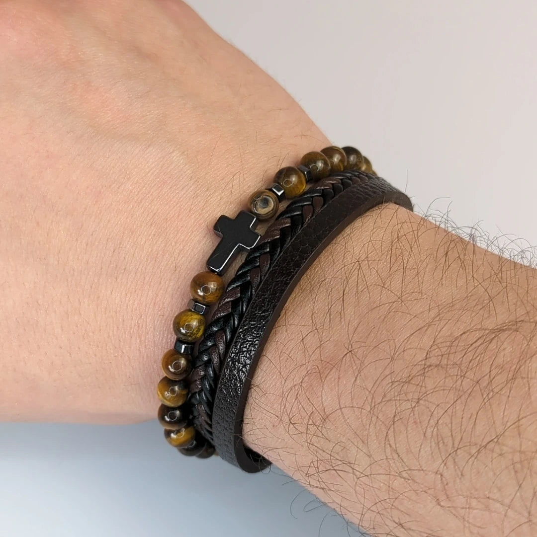 Natural Stone Tiger's Eye Multi Layer Bracelet With Hematite Cross
