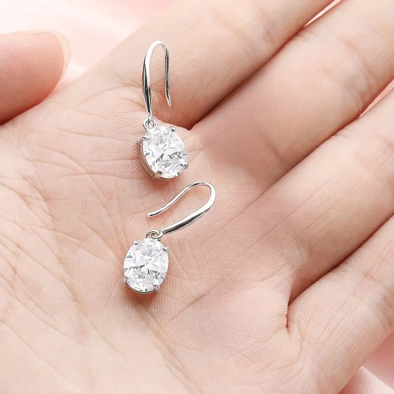 Oval Shiny Zircon Dangle Earrings Simple Style 925 Sterling Silver Hypoallergenic