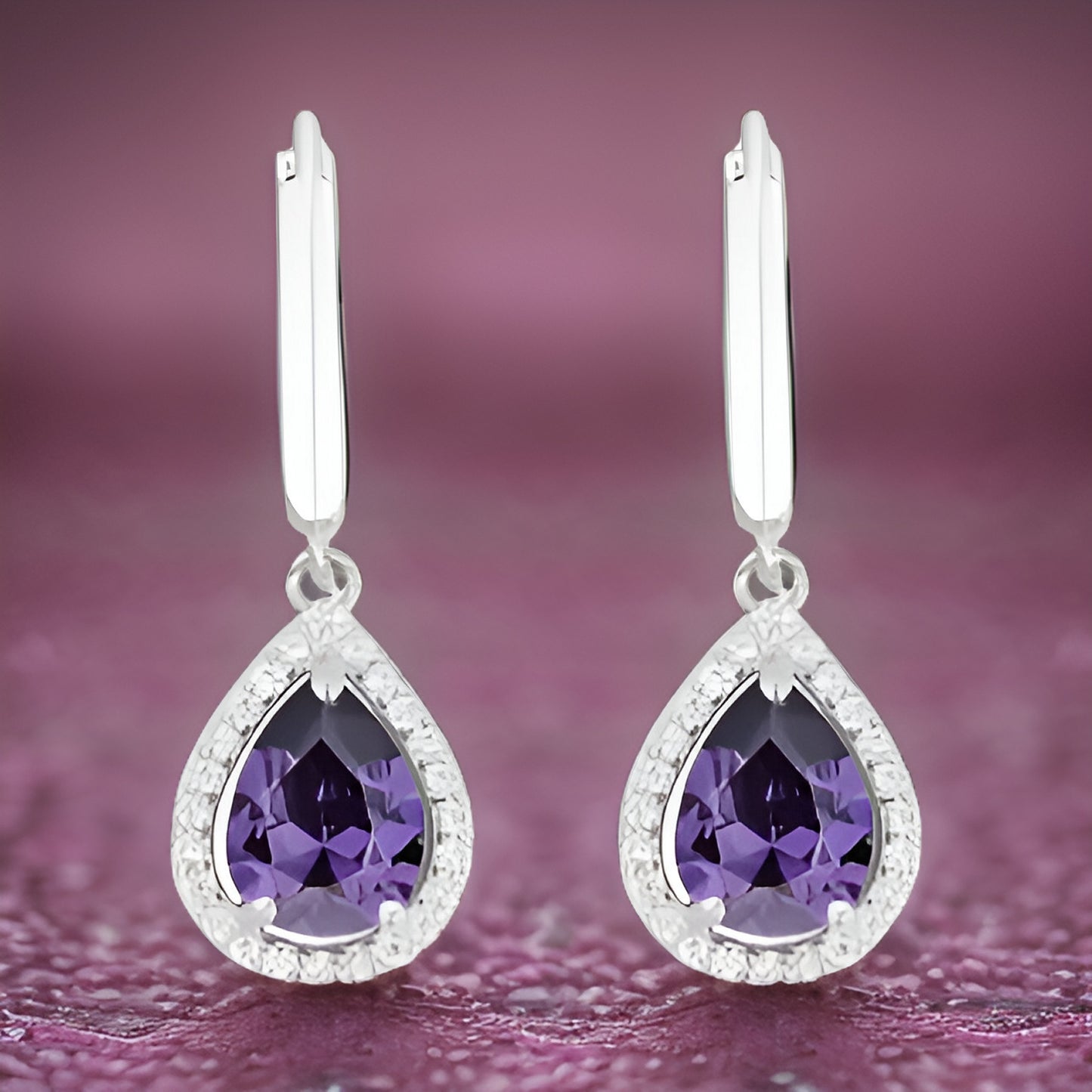 Hoop Earrings Inlaid Waterdrop Shape Purple Zircon 925 Sterling Silver Hypoallergenic