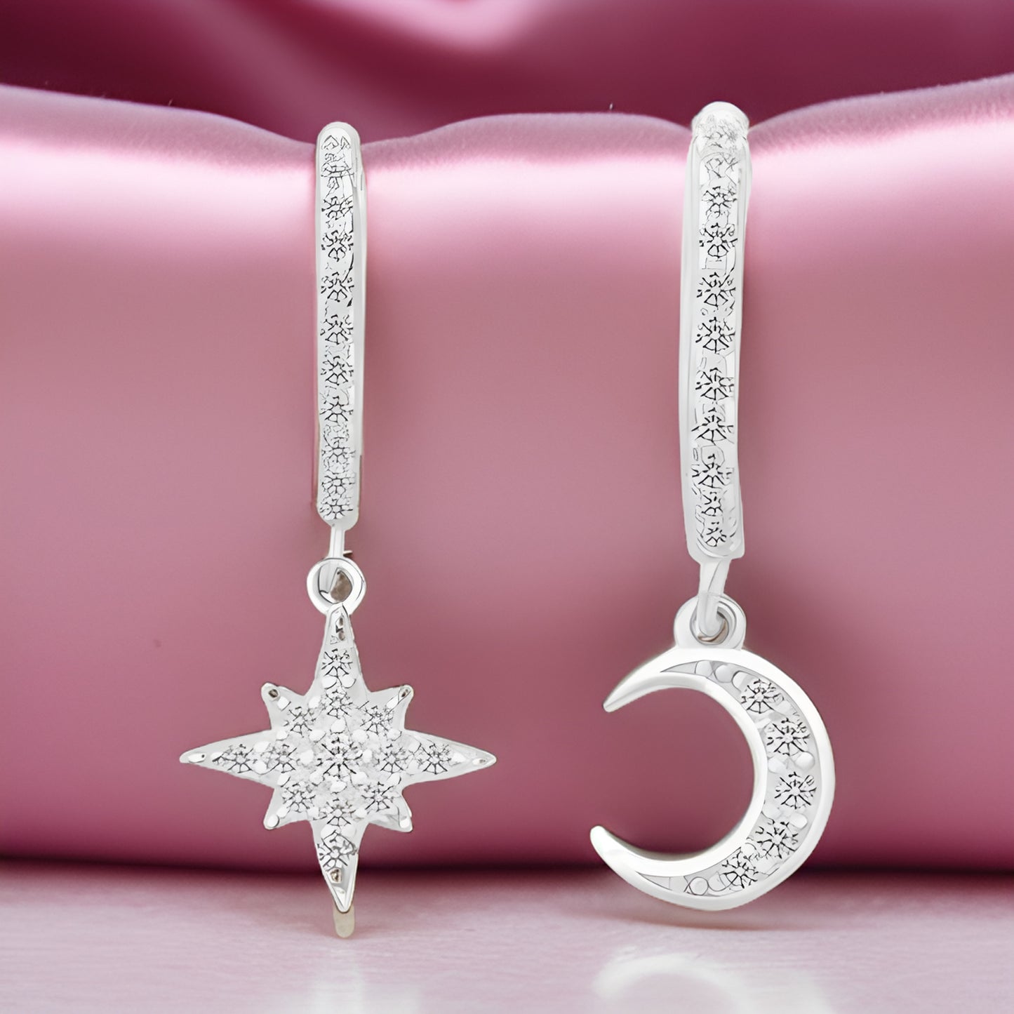 Hoop Earrings With Asymmetric Moon Star Pendant Zircon 925 Sterling Silver Hypoallergenic