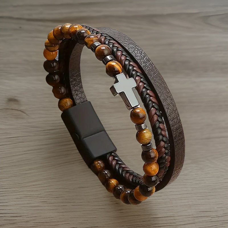 Natural Stone Tiger's Eye Multi Layer Bracelet With Hematite Cross