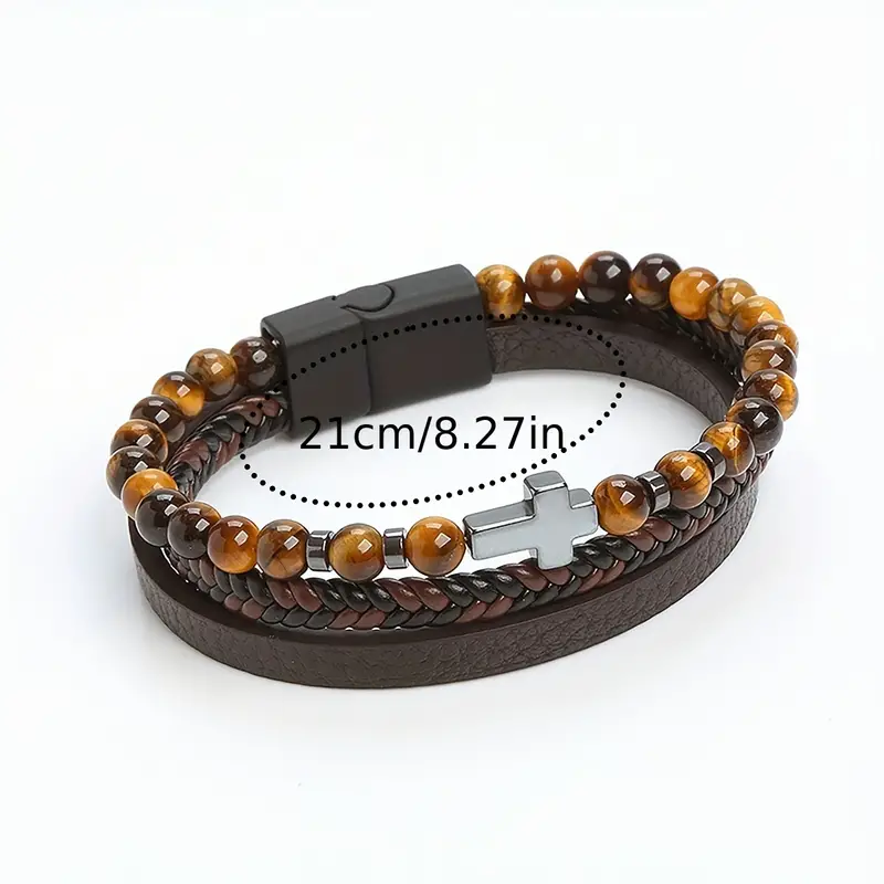Natural Stone Tiger's Eye Multi Layer Bracelet With Hematite Cross