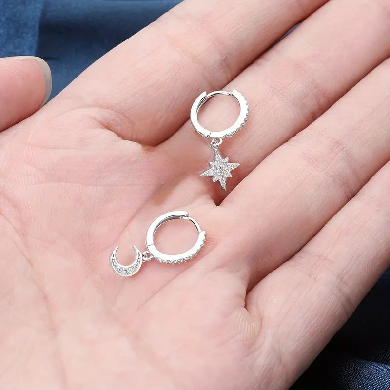 Hoop Earrings With Asymmetric Moon Star Pendant Zircon 925 Sterling Silver Hypoallergenic