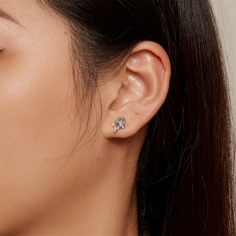 Tulip Shaped Stud Earrings Embellished With Blue Zircon 925 Sterling Silver Hypoallergenic