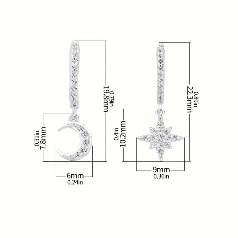 Hoop Earrings With Asymmetric Moon Star Pendant Zircon 925 Sterling Silver Hypoallergenic