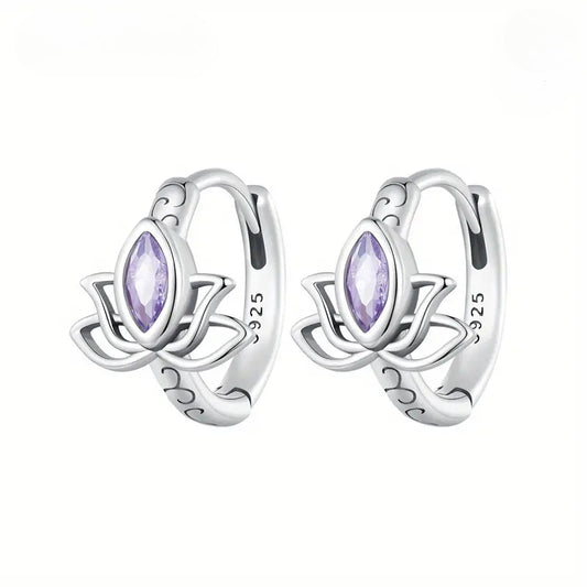 Hoop Earrings With Lotus Design 925 Sterling Silver Hypoallergenic Jewelry