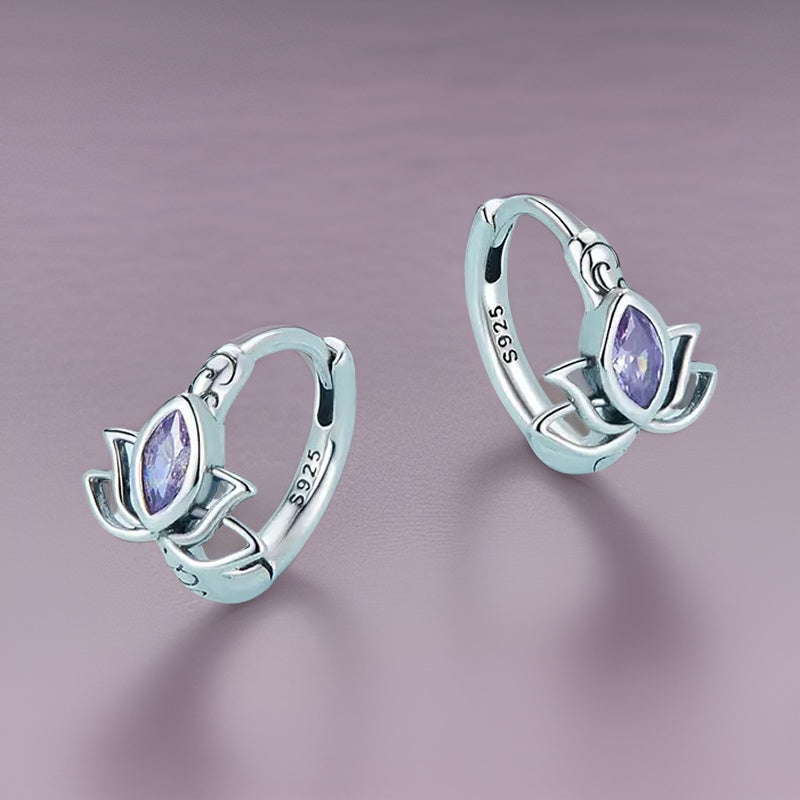 Hoop Earrings With Lotus Design 925 Sterling Silver Hypoallergenic Jewelry