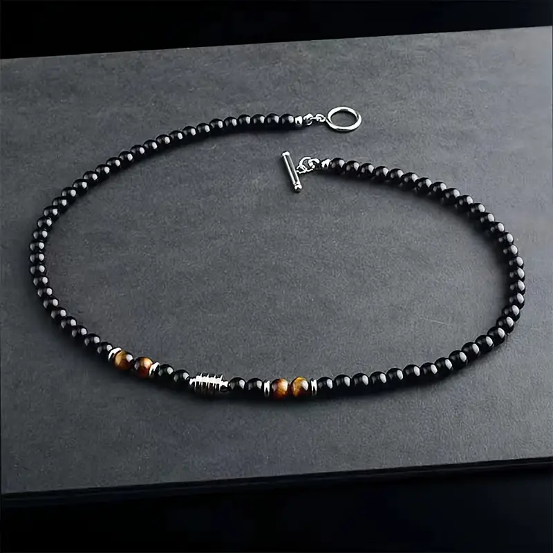 Beaded Necklace Black Obsidian and Tiger's Eye With Stainless Steel