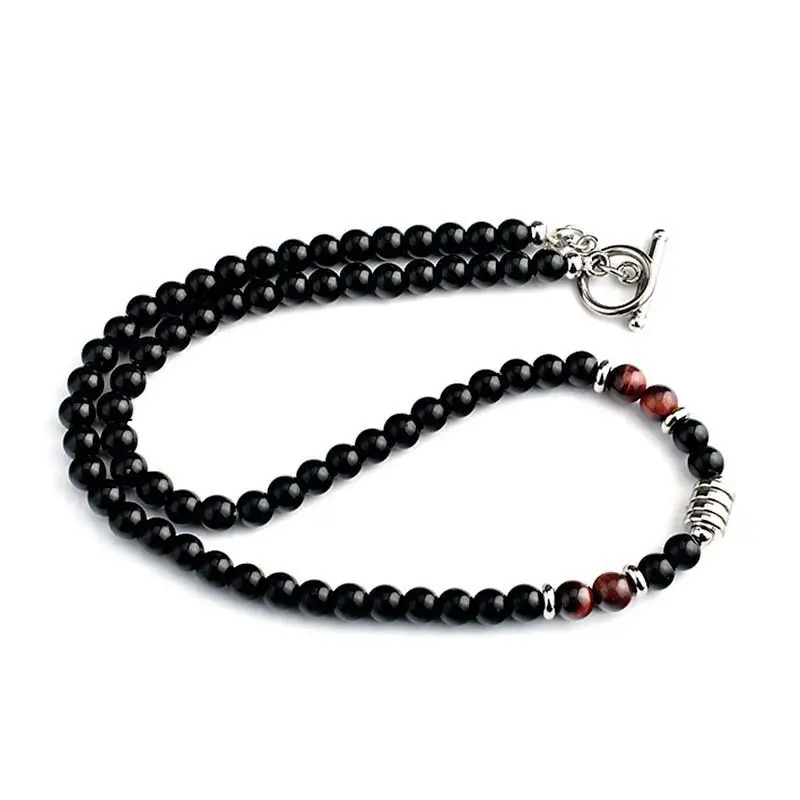Beaded Necklace Black Obsidian and Red Tiger's Eye With Stainless Steel