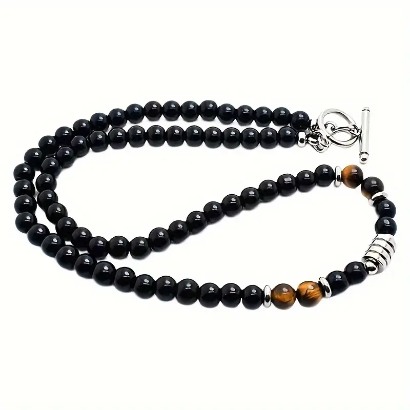 Beaded Necklace Black Obsidian and Tiger's Eye With Stainless Steel