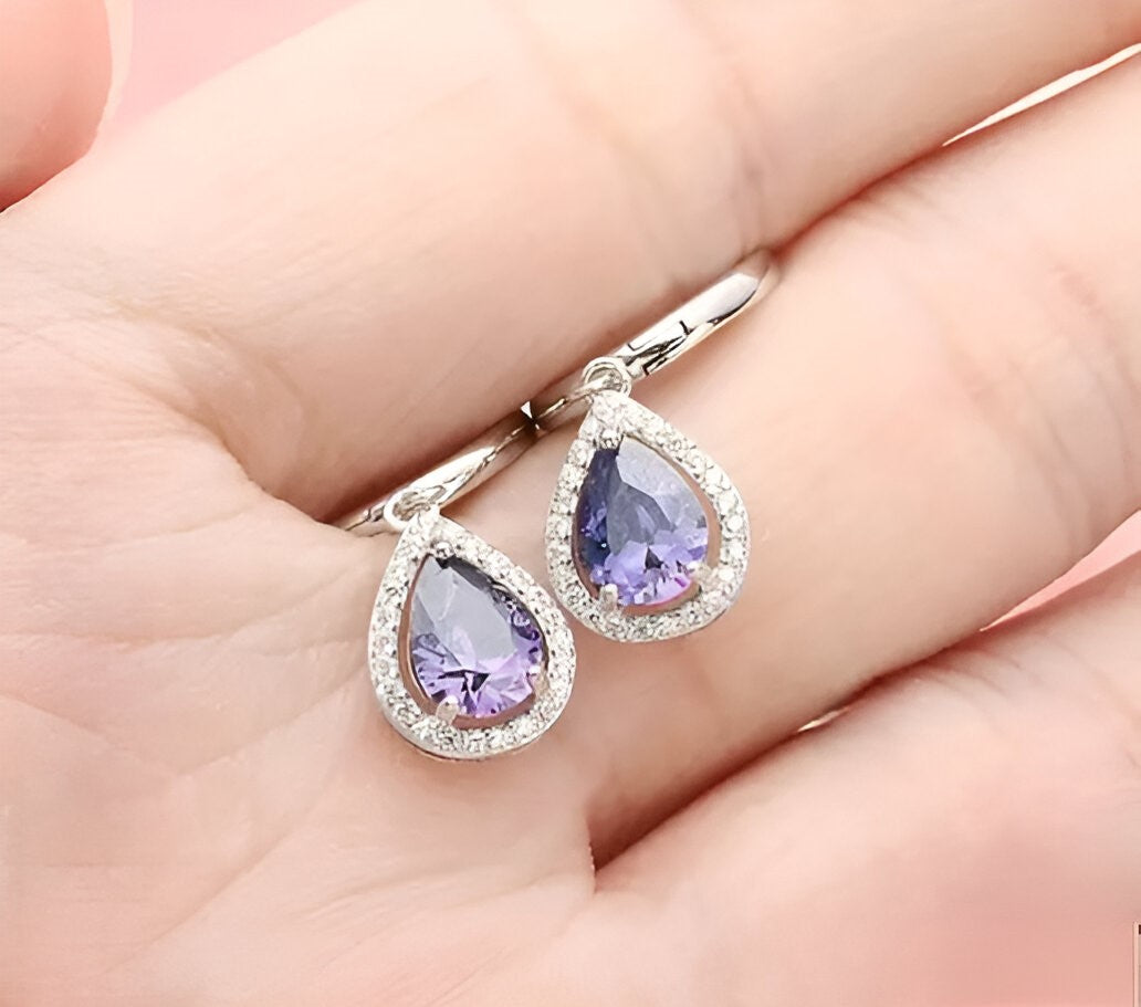 Hoop Earrings Inlaid Waterdrop Shape Purple Zircon 925 Sterling Silver Hypoallergenic