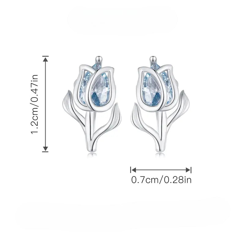 Tulip Shaped Stud Earrings Embellished With Blue Zircon 925 Sterling Silver Hypoallergenic