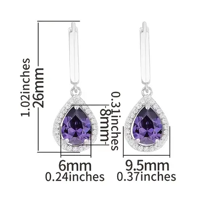 Hoop Earrings Inlaid Waterdrop Shape Purple Zircon 925 Sterling Silver Hypoallergenic