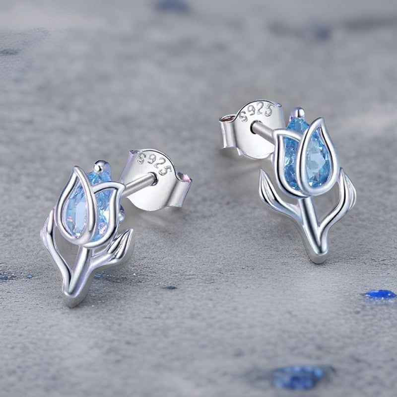 Tulip Shaped Stud Earrings Embellished With Blue Zircon 925 Sterling Silver Hypoallergenic