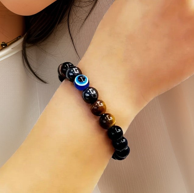 Beads Bracelets (Hematite + Tiger's Eye + Black Obsidian + Evil Eye ) (8 mm)