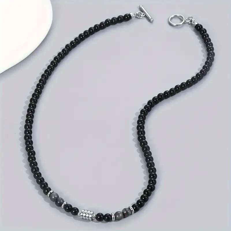 Beaded Necklace Black Obsidian and Black flash With Stainless Steel