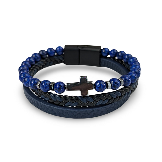 Natural Stone Lapis lazuli Multi Layer Bracelet With Hematite Cross