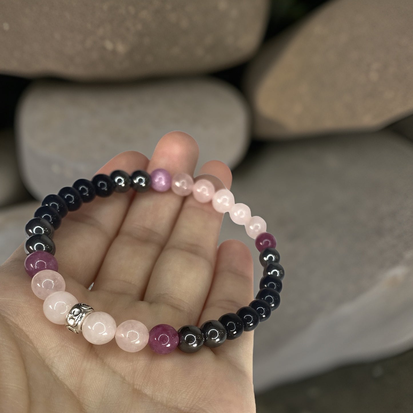 Beads Bracelets (Black Tourmalin + Hematite + Rose Quartz + Lepidolite) (6 mm)