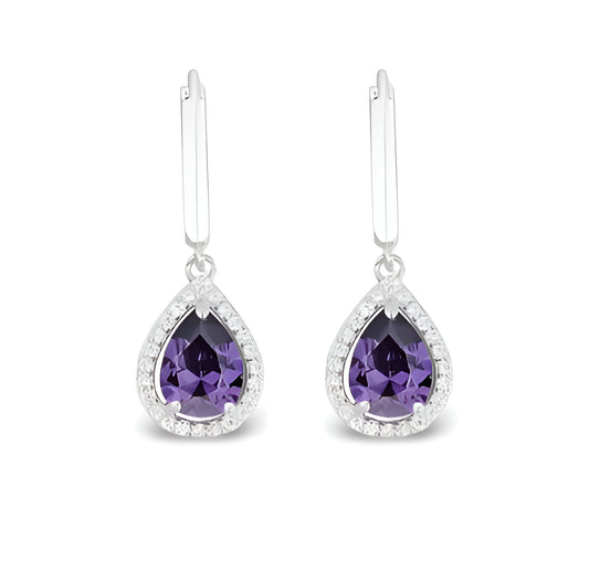 Hoop Earrings Inlaid Waterdrop Shape Purple Zircon 925 Sterling Silver Hypoallergenic
