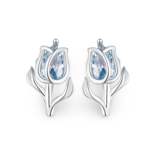 Tulip Shaped Stud Earrings Embellished With Blue Zircon 925 Sterling Silver Hypoallergenic
