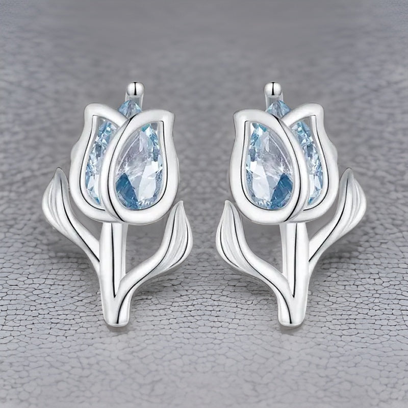 Tulip Shaped Stud Earrings Embellished With Blue Zircon 925 Sterling Silver Hypoallergenic