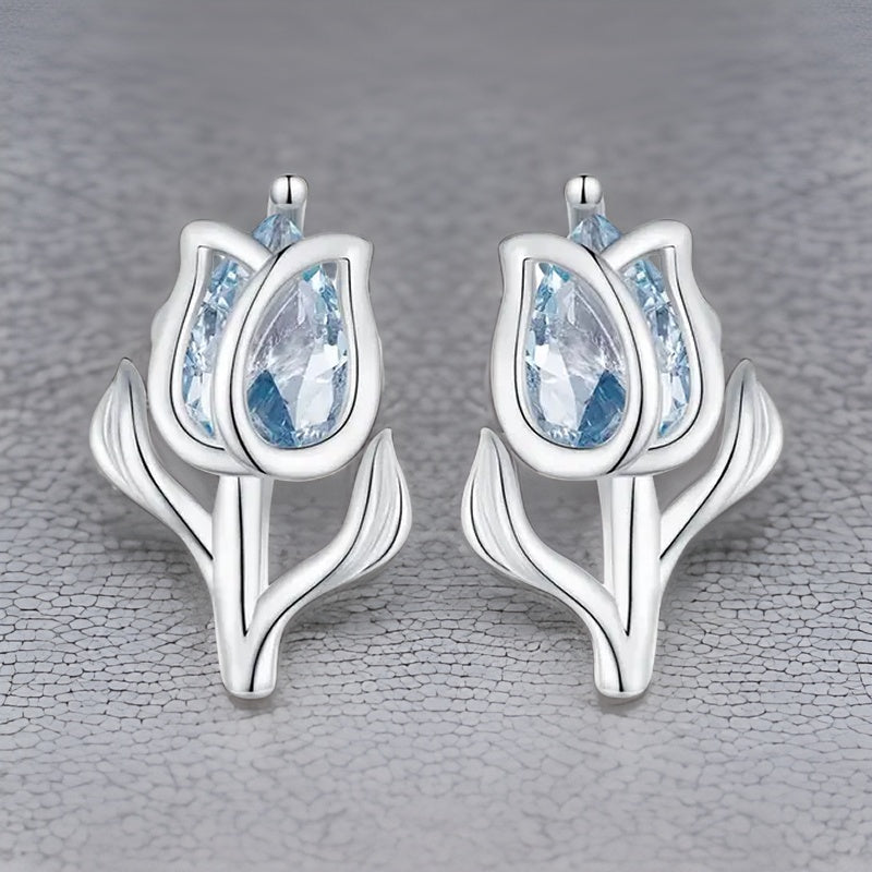 Tulip Shaped Stud Earrings Embellished With Blue Zircon 925 Sterling Silver Hypoallergenic
