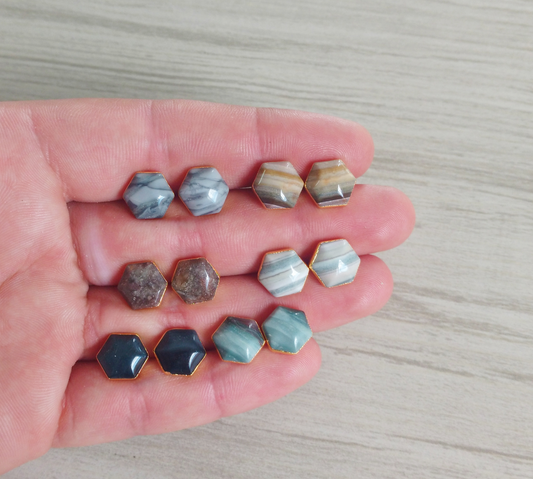 Stud Earrings (Hexagon Cabochon) (Jasper) (10 mm)