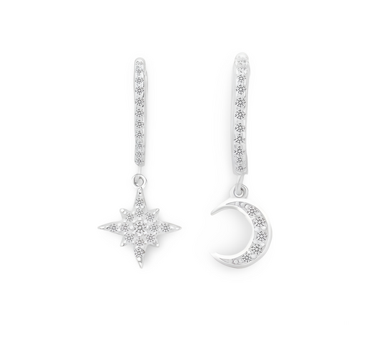 Hoop Earrings With Asymmetric Moon Star Pendant Zircon 925 Sterling Silver Hypoallergenic