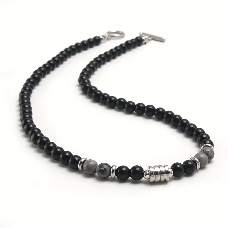 Beaded Necklace Black Obsidian and Black flash With Stainless Steel