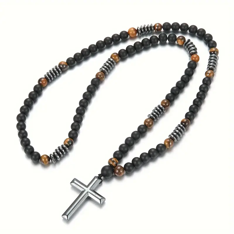 Beaded 8 mm Matte Black Natural Stone Yellow Tiger's Eye, Hematite Cross Pendant Necklace