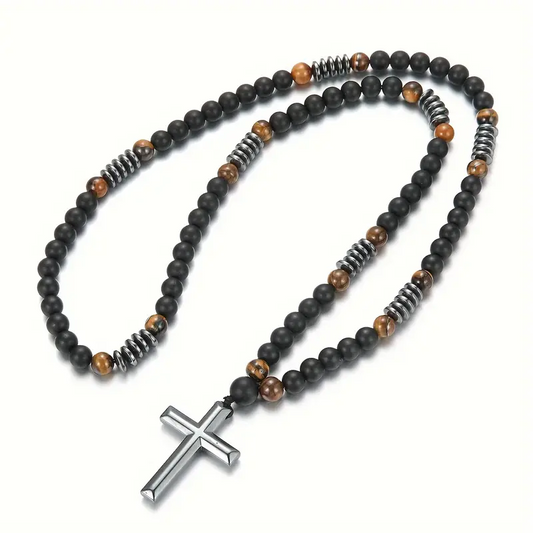 Beaded 8 mm Matte Black Natural Stone Yellow Tiger's Eye, Hematite Cross Pendant Necklace
