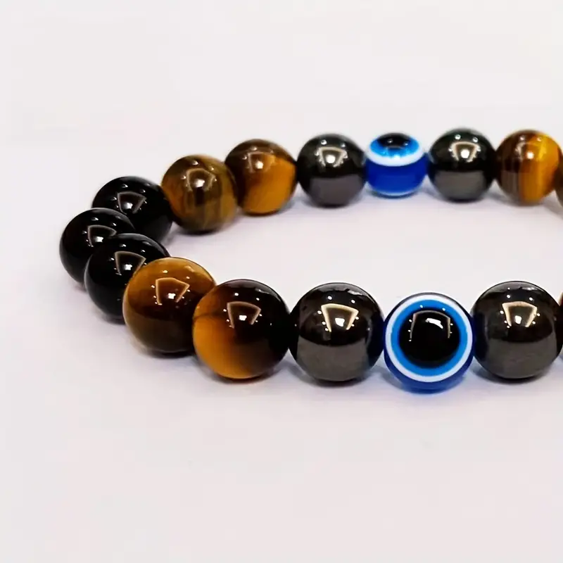 Beads Bracelets (Hematite + Tiger's Eye + Black Obsidian + Evil Eye ) (8 mm)