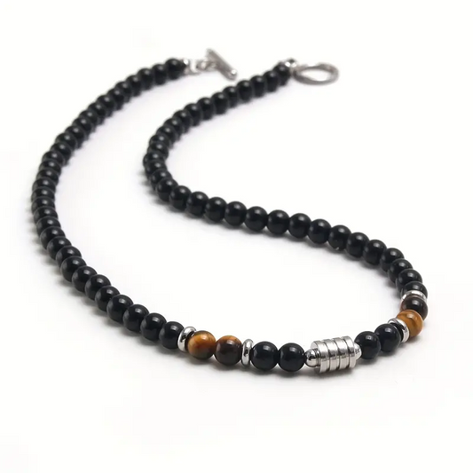 Beaded Necklace Black Obsidian and Tiger's Eye With Stainless Steel