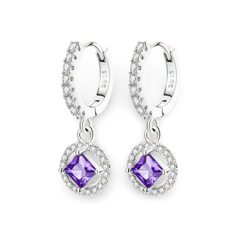 Rhombus Shape Purple Shiny Zircon Dangle Earrings 925 Sterling Silver Hypoallergenic