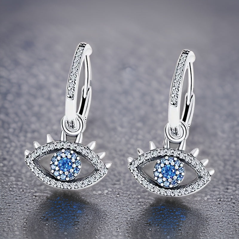 Eye Design Blue Zircon Inlaid Dangle Earrings 925 Sterling Silver Hypoallergenic