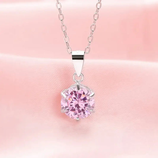 Round Shape Inlaid Pink Zircon Necklace 925 Sterling Silver Hypoallergenic