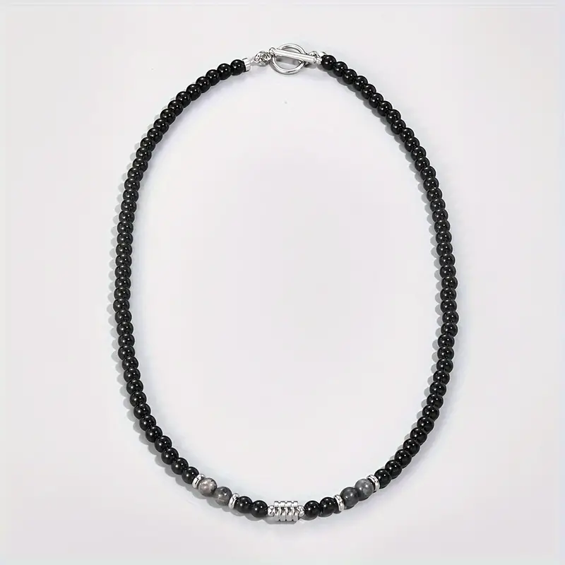 Beaded Necklace Black Obsidian and Black flash With Stainless Steel