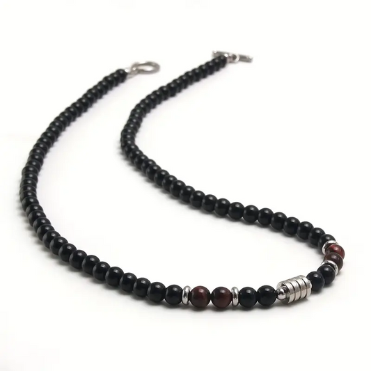 Beaded Necklace Black Obsidian and  Red Tiger's Eye With Stainless Steel