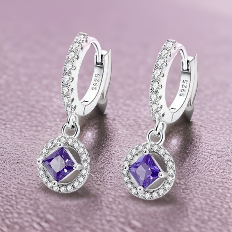 Rhombus Shape Purple Shiny Zircon Dangle Earrings 925 Sterling Silver Hypoallergenic