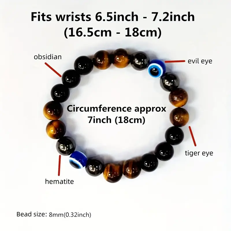 Beads Bracelets (Hematite + Tiger's Eye + Black Obsidian + Evil Eye ) (8 mm)